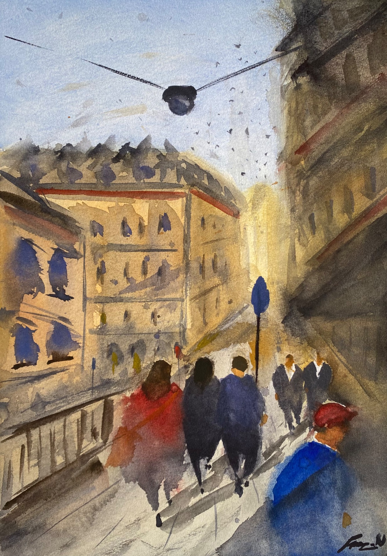 "Röd keps på Södermalm" Akvarell på papper, 29,7 x 42cm, Signerat original - Pris: 4600kr