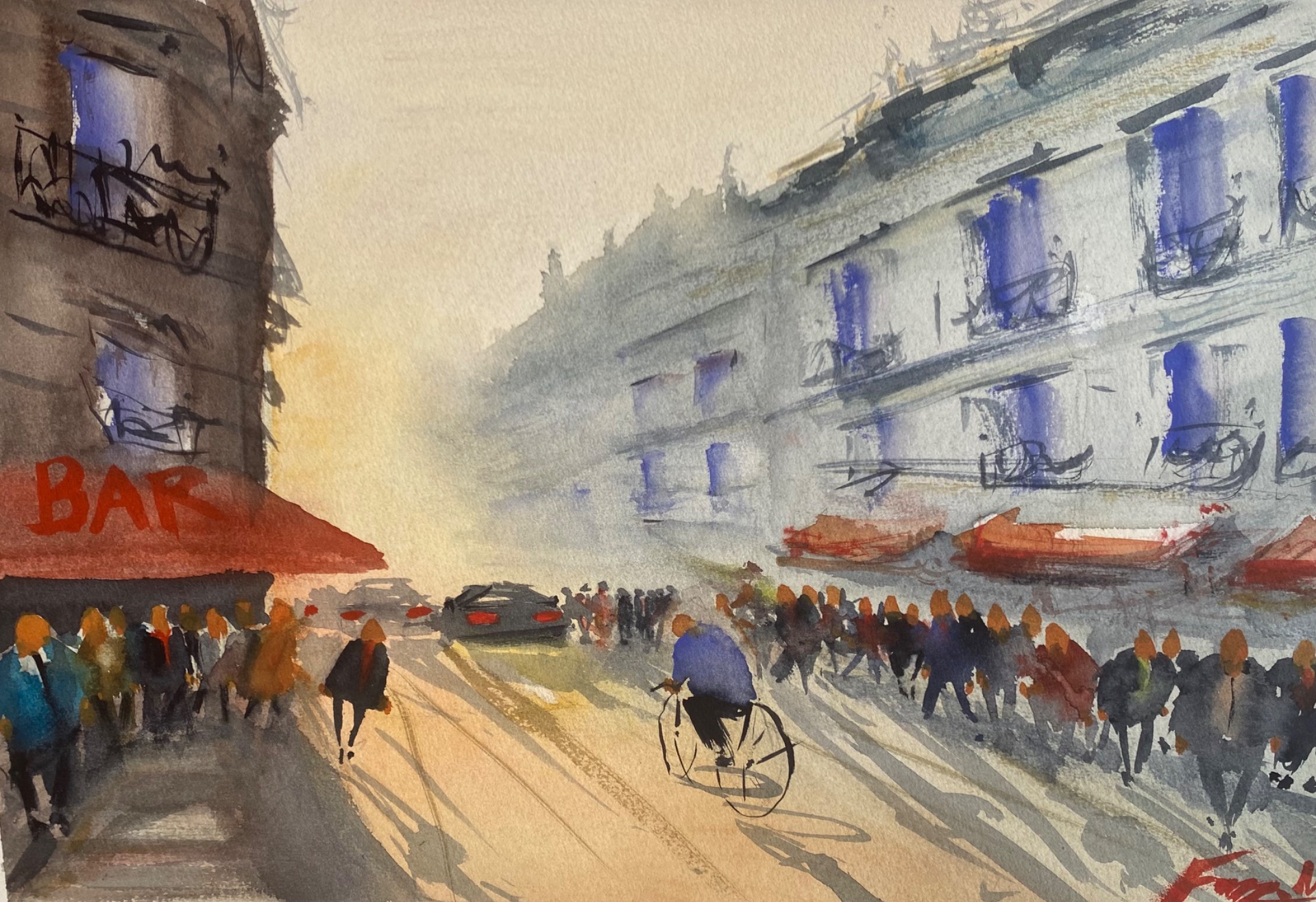 "Rusningstid" Akvarell på papper, 42 x 29,7cm, Signerat original - Pris: 3800kr